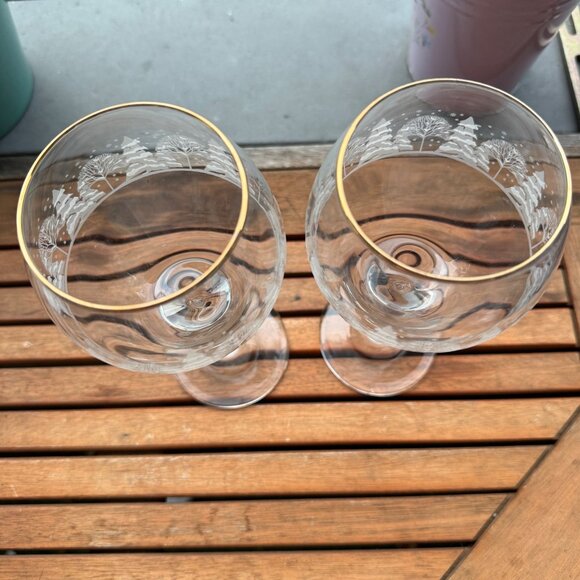 Vintage Crystal Libbey Etched Glass Wine Goblets With Gold Rim & Winter Wonderla - Picture 3 of 8